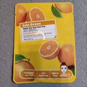 Solo‎ Green Radiant Glow Facial Sheet Mask Orange Skin Brightening 20ml 0.67oz